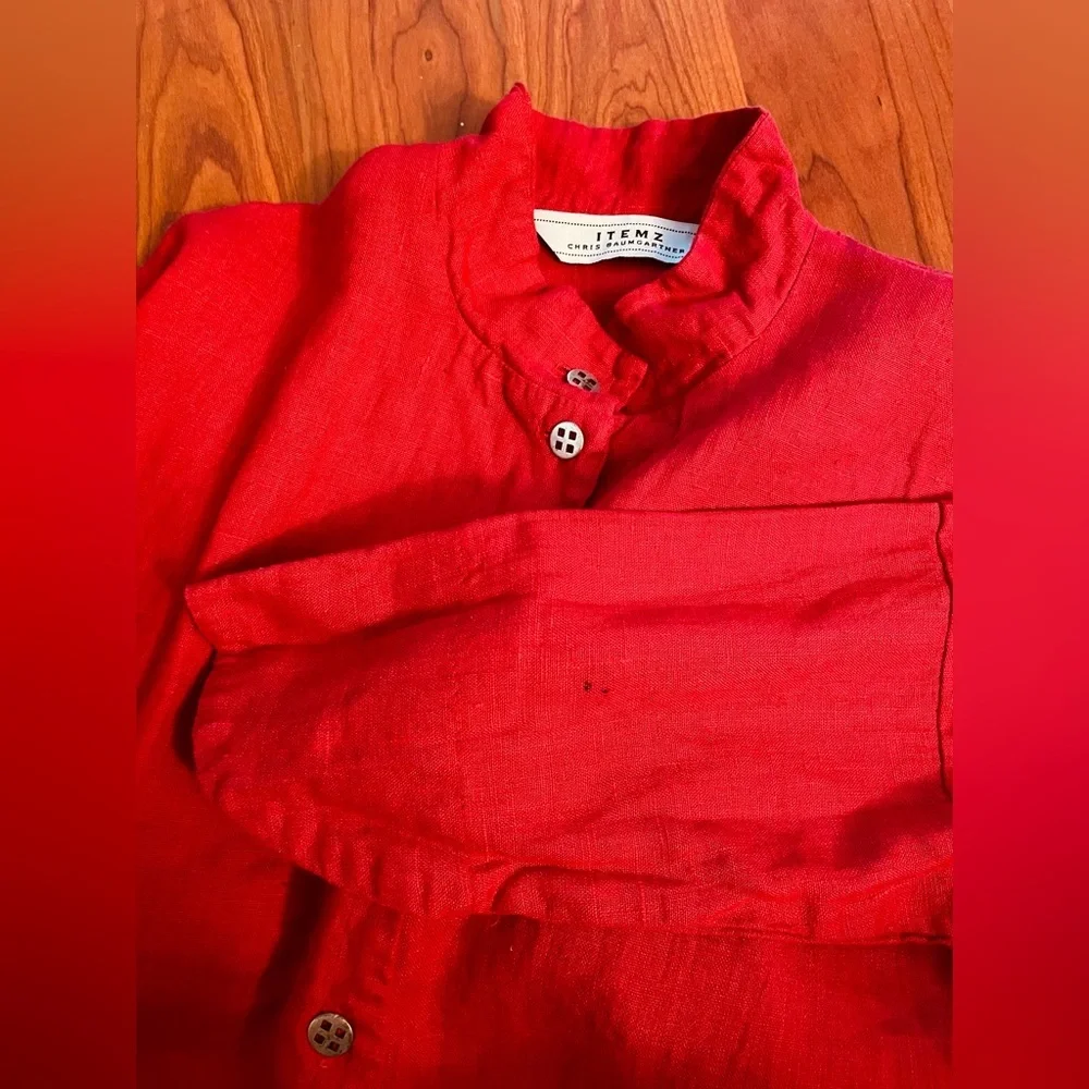 Itemz Chris Baumgartner 100% Linen Top Lagenlook Red Crop Dolman Slv USA OS FLAW - Picture 13 of 16